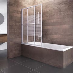 Schulte pare-baignoire coulissant extensible et rabattable, 70 - 118 x 140 cm, 2 volets, verre 3 mm, profilé blanc, sérigraphie rayures horizontales