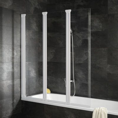 Schulte pare-baignoire mobile rabattable 124 x 130 cm, paroi de baignoire 3 volets, écran de baignoire pivotant, verre transparent, profilé blanc