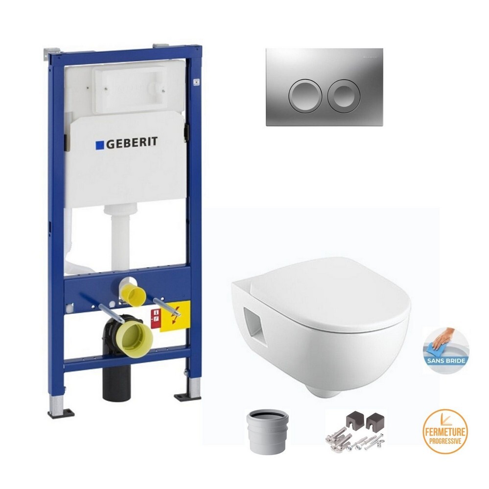 Geberit Pack Wc Duofix UP100 + Plaque Delta 21 chrome mat+ Cuvette KOLO BY GEBERIT sans bride rimless avec abattant