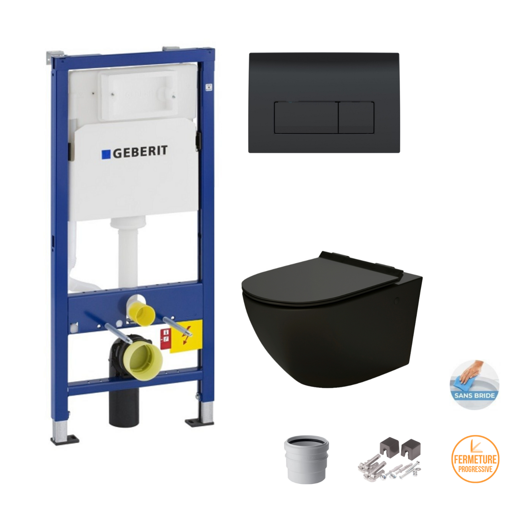 Geberit Pack Wc Duofix UP100 + Plaque De Commande Delta 51 noir (setup100-pro1)+ Cuvette Wc decos black Suspendue sans bride