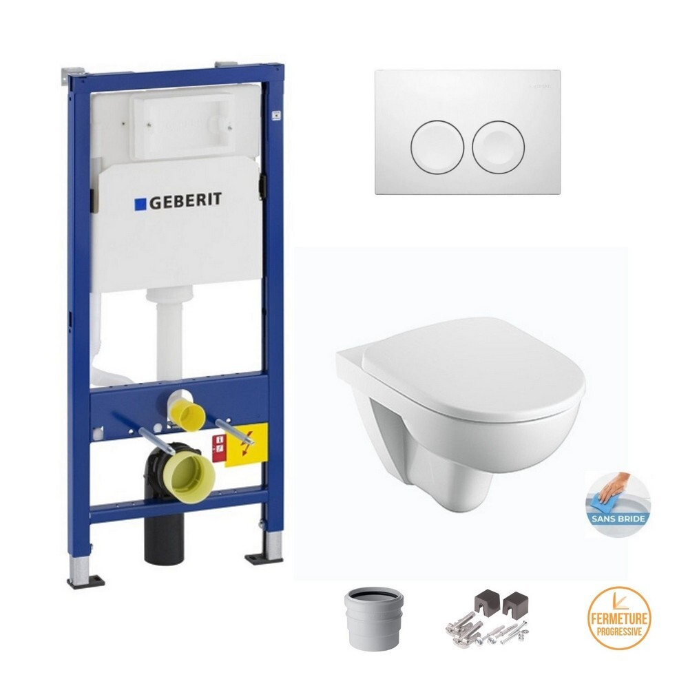 Geberit Pack Wc Duofix UP100 + Plaque De Commande Delta 21 Blanche (setup100-pro1)+ Cuvette Wc Suspendue sans bride KOLO BY GEBERIT