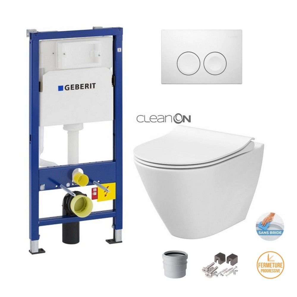 Geberit Pack Wc Duofix UP100 + Plaque De Commande Delta 21 Blanche (setup100-pro1)+ Cuvette Wc city oval Suspendue sans bride