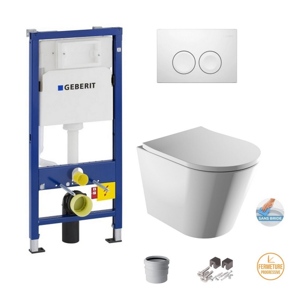 Geberit Pack Wc Duofix UP100 + Plaque De Commande Delta 21 Blanche (setup100-pro1)+ Cuvette Wc Suspendue sans bride