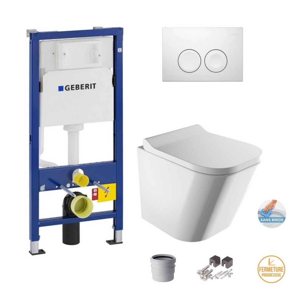 Geberit Pack Wc Duofix UP100 + Plaque De Commande Delta 21 Blanche (setup100-pro1)+ Cuvette Wc Suspendue sans bride fontana