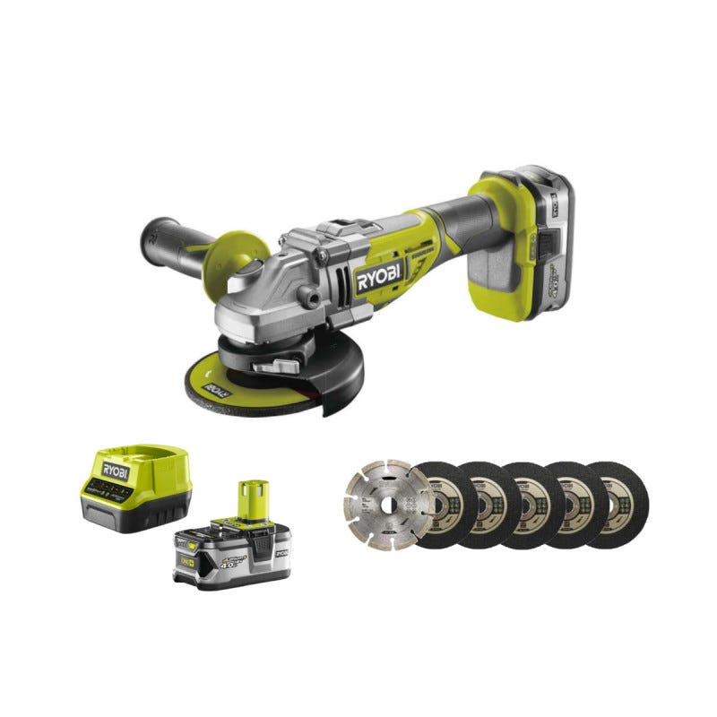 Pack RYOBI meuleuse d'angle 18V LithiumPlus One+ Brushless - 1 batterie 4,0 Ah - 1 chargeur rapide - R18AG7-140S 0