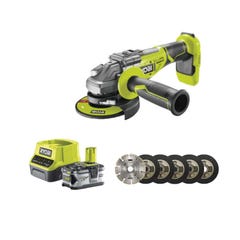 Pack RYOBI meuleuse d'angle brushless 18V One+ - 1 batterie 18V 4.0Ah - 1 chargeur rapide - Kit 6 disques 125 mm 0