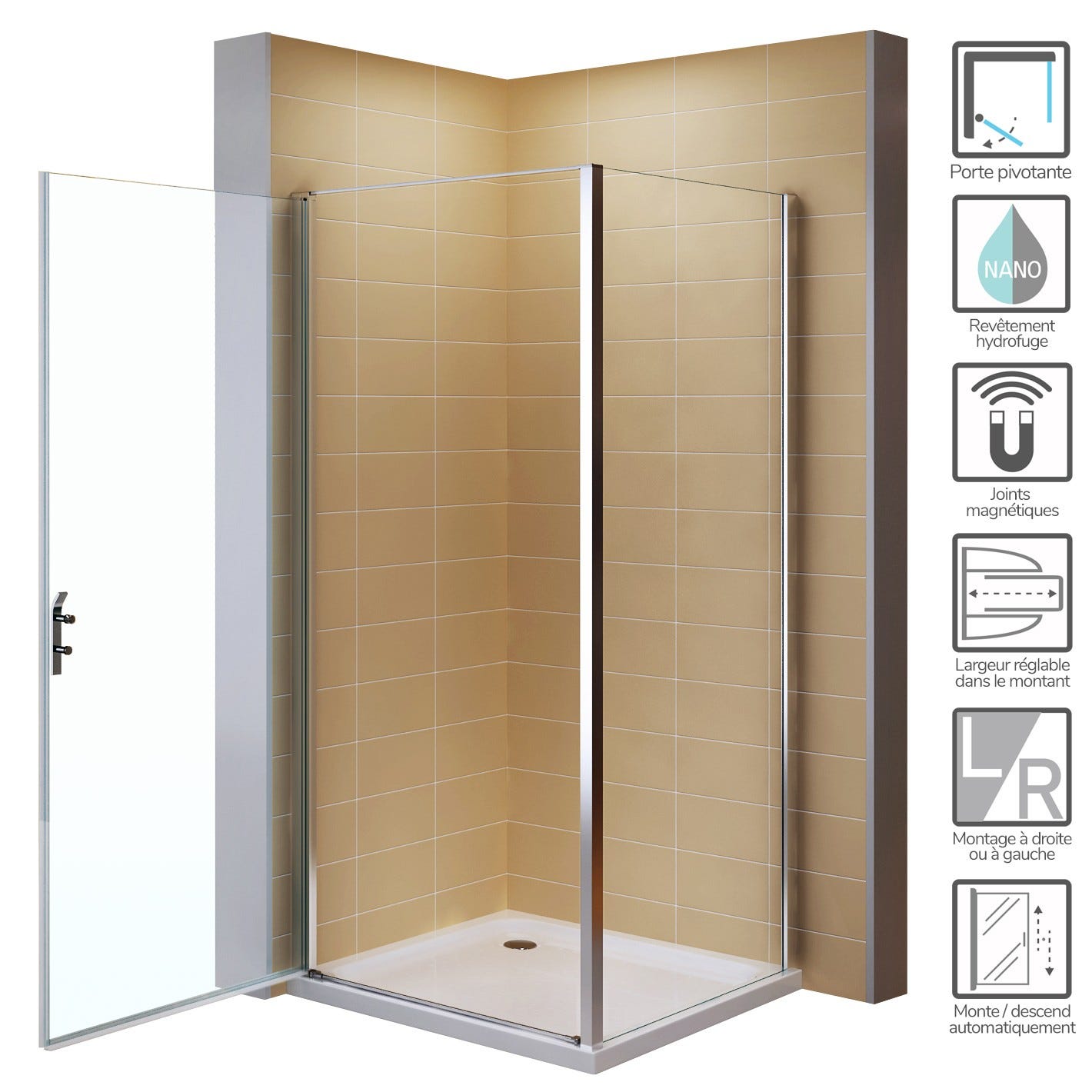 NIKY Porte de douche d'angle H 195 cm verre en 8 mm transparent 100 x 80 cm + receveur (porte 100) 1