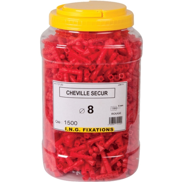 Cheville à expansion rouge à collerette - Ø 8 mm - Secur - Seau de 1500 pièces - ING Fixation