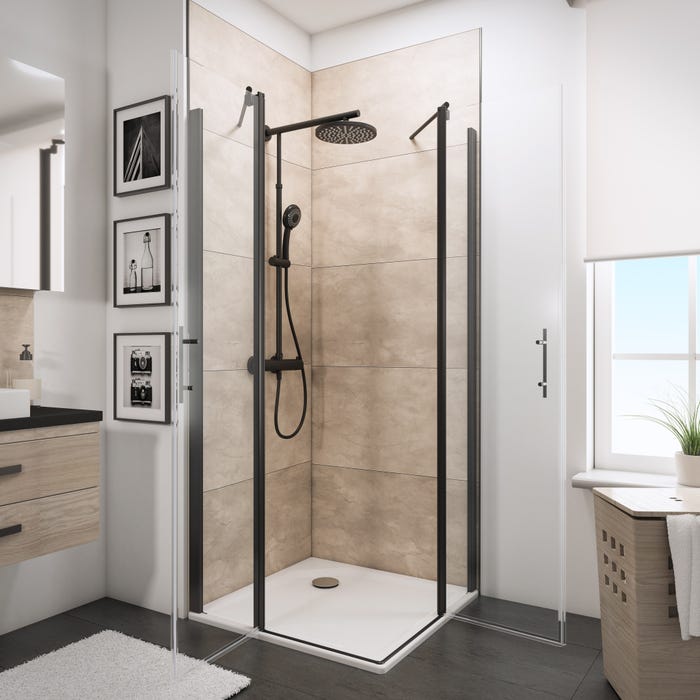 Schulte paroi de douche acces d'angle droit avec portes battantes, 90 x 90 x 190 cm, verre 5 mm transparent anticalcaire, noir, style industriel 1