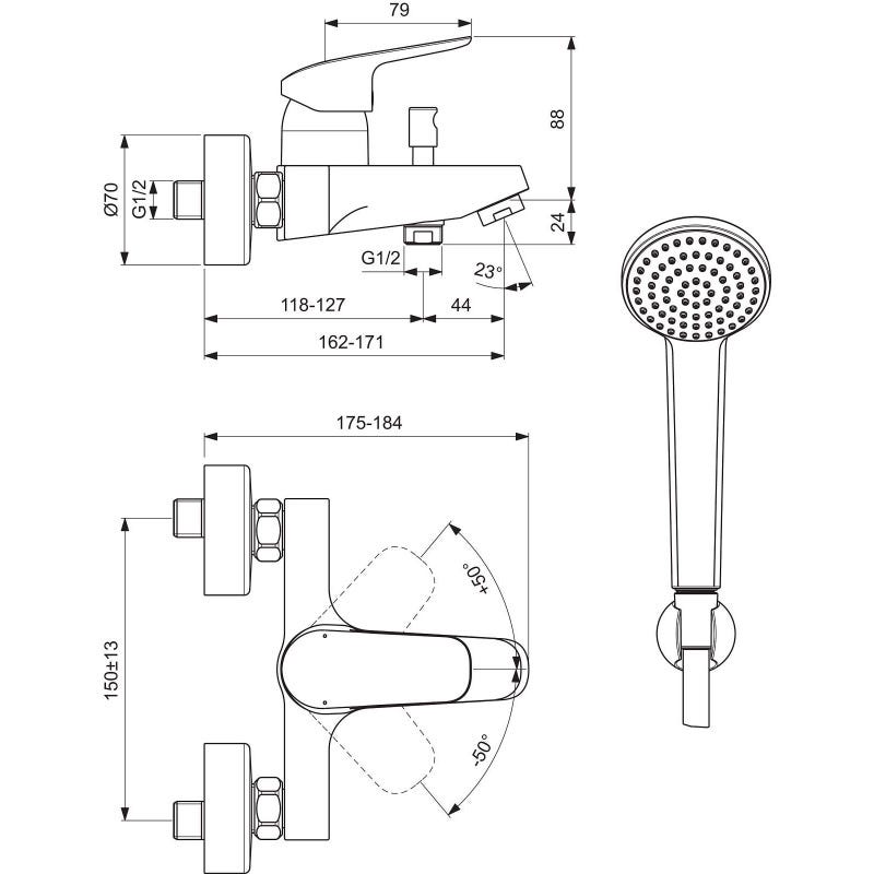 Ideal Standard CERAFLEX Mitigeur bain/douche avec set de bain 80mm 1F, flex 1500mm ( B1722AA) 1