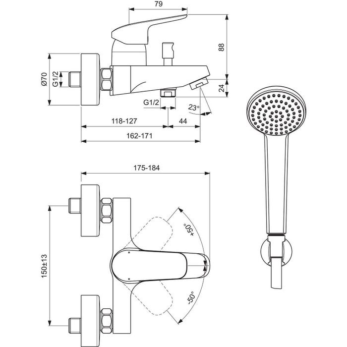 Ideal Standard CERAFLEX Mitigeur bain/douche avec set de bain 80mm 1F, flex 1500mm ( B1722AA) 1