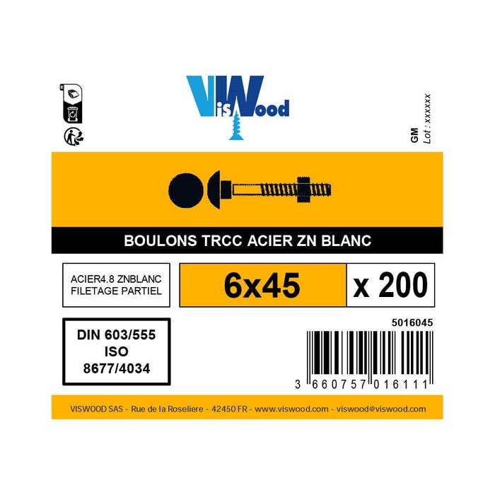 Boite 200 boulons TRCC 6 X 45mm zingué - Viswood 1