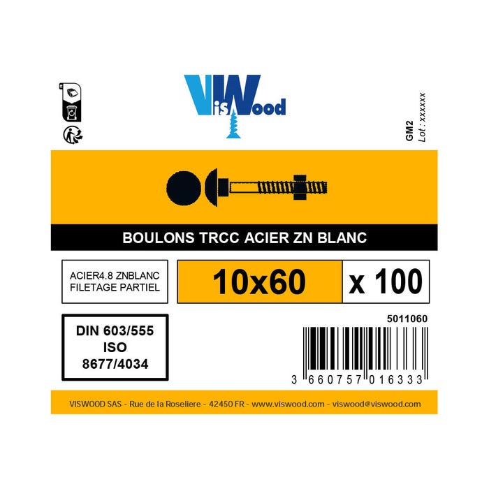 Boite 100 boulons TRCC 10 X 60mm zingué - Viswood 1