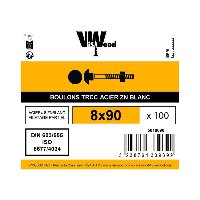 Boite 100 boulons TRCC 8 X 90mm zingué - Viswood 1