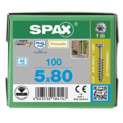 Vis de terrasse resineux cut inox a2 - longueur (mm) : 80 - Ø (mm) : 5.0 - boîte de : 100 - SPAX 2
