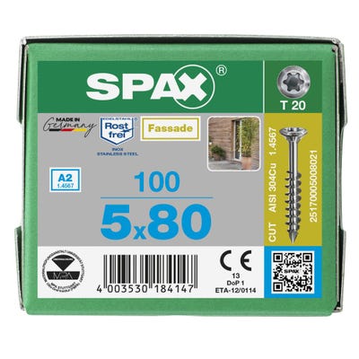 Vis de terrasse resineux cut inox a2 - longueur (mm) : 80 - Ø (mm) : 5.0 - boîte de : 100 - SPAX 2