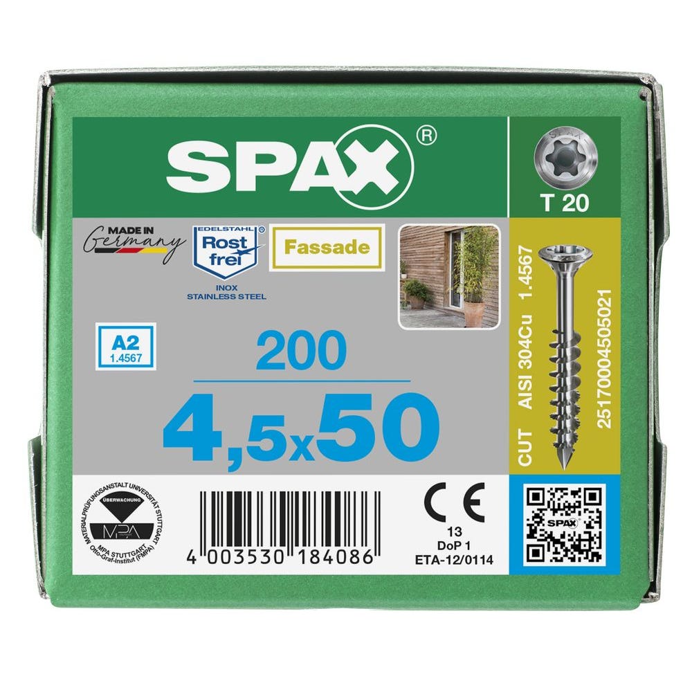 Vis de terrasse resineux cut inox a2 - longueur (mm) : 50 - Ø (mm) : 4.5 - boîte de : 200 - SPAX 2