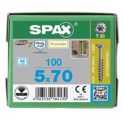 Vis de terrasse resineux cut inox a2 - longueur (mm) : 70 - Ø (mm) : 5.0 - boîte de : 100 - SPAX 2