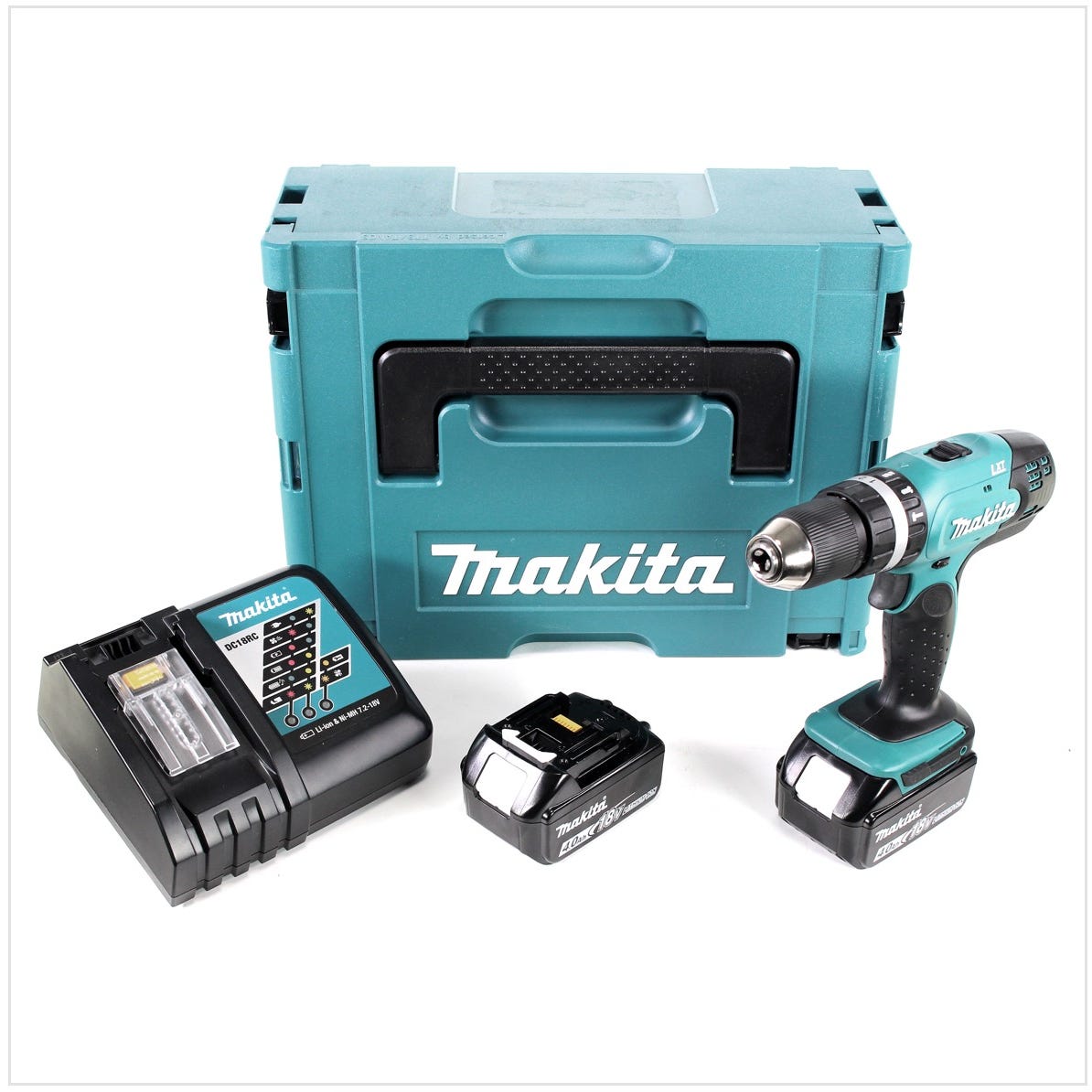 Makita DHP 453 RMJ 18 V Perceuse visseuse à percussion sans fil avec boîtier Makpac + 2x Batteries BL 1840 4,0 Ah + Chargeur DC18RC 0