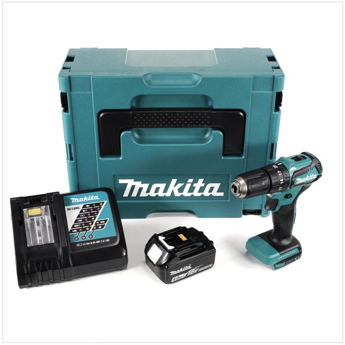 Makita DHP483RM1J 18 V Li-Ion Perceuse visseuse à percussion sans fil 18 V Brushless + 1x Batterie 4,0 Ah + Chargeur + Coffret MAKPAC 0