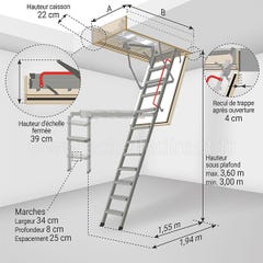 Escalier métal coupe feu 60min - 3.60m sous plafond - Trémie 60x144cm - LMF60/60144-360 1