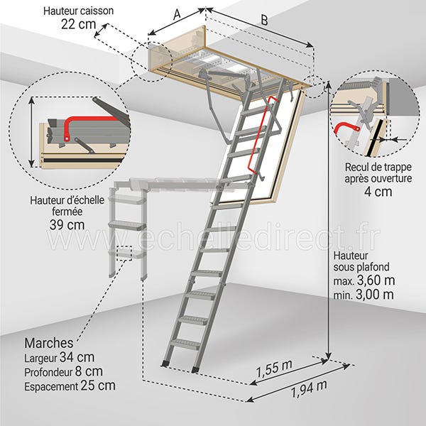 Escalier métal coupe feu 60min - 3.60m sous plafond - Trémie 60x144cm - LMF60/60144-360 1
