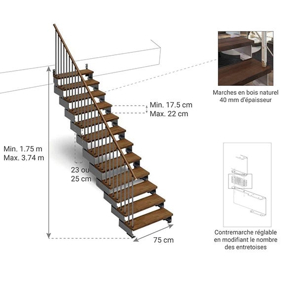 Escalier droit 15 marches - Hauteur à franchir de 2.80m à 3.52m - Largeur 75cm - Couleur bois et blanc - Rampe horizontale - COMPO75/I/BB-RH-15 3