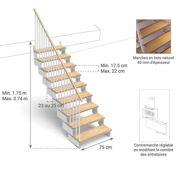 Escalier droit 15 marches - Hauteur à franchir de 2.80m à 3.52m - Largeur 75cm - Couleur bois et blanc - Rampe horizontale - COMPO75/I/BB-RH-15 2