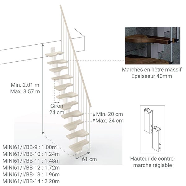 Escalier droit gain de place 10 marches - Hauteur à franchir de 2.21 à 2.61m - Largeur 61cm - Couleur bois et blanc - MINI61/I/SBMBLA-10 1