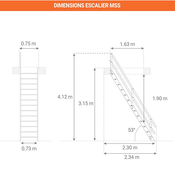 Escalier de meunier avec main courante à gauche - Hauteur à franchir 3.15m max - MSS-MCG 1