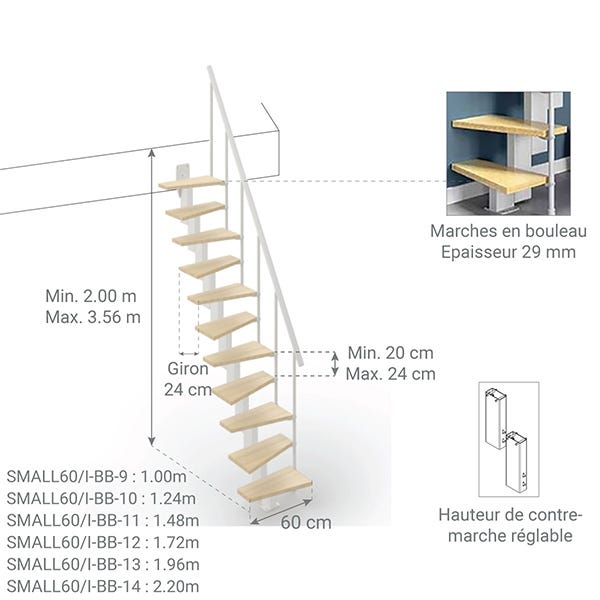 Escalier droit gain de place 13 marches - Hauteur à franchir de 2.80m à 3.32m - Largeur 60cm - Couleur bois et blanc - SMALL60/I-SBNAT-13 1
