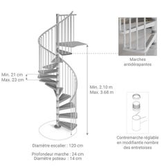 Escalier hélicoïdal métal 11 marches - Hauteur à franchir 2.31 à 2.53m - Diamètre 120cm - Gris - GAMIA120/GG-11 1