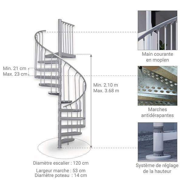 Escalier hélicoïdal extérieur 12 marches - Hauteur à franchir de 2.52 à 2.76m - Diamètre 1.20m - Couleur zinc - EXTERIOR120/Z-12 1