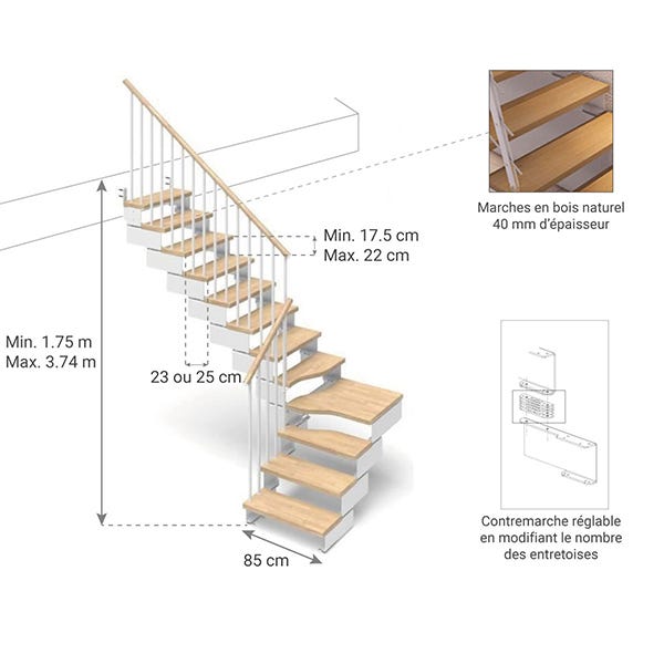 Escalier quart tournant 9 marches - Hauteur à franchir de 1.75 à 2.20m - Largeur 85 cm - Bois et blanc - Rampe verticale - COMPO85/L/BB-RV-9 1