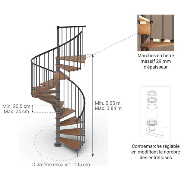 Escalier colimaçon gain de place 11 marches - Hauteur à franchir de 2.26m à 2.64m - Diamètre 1.05m - Couleur noyer et anthracite - PHOLA105/NA/11 1