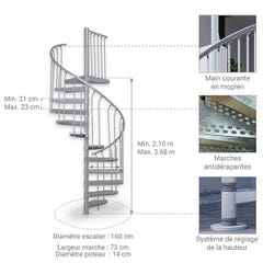 Escalier hélicoïdal extérieur 10 marches - Hauteur à franchir de 2.10 à 2.30m - Diamètre 1.60m - Couleur zinc blanc - EXTERIOR160/ZB-10 1