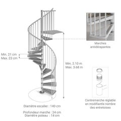 Escalier hélicoïdal métal 16 marches - Hauteur à franchir 3.36 à 3.68m - Diamètre 140cm - Gris - GAMIA140/GG-16 1