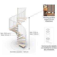 Escalier hélicoïdal 14 marches - Hauteur à franchir 2.87 à 3.36m - Diamètre 140cm - Bois et blanchi - Trémie ronde - PHOLA140/BB/14 1