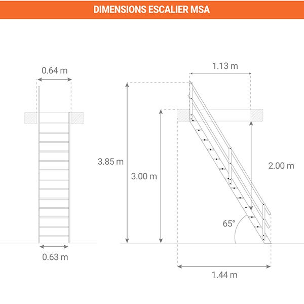 Escalier de meunier avec main courante à gauche - Hauteur à franchir 3.00m max - MSA-MCG 1