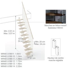 Escalier droit gain de place 12 marches - Hauteur à franchir de 2.61 à 3.09m - Largeur 61cm - Couleur bois et blanc - MINI61/I/SBMBLA-12 1