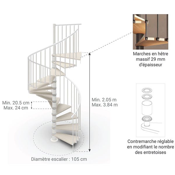 Escalier colimaçon gain de place 10 marches - Hauteur à franchir de 2.05 à 2.40m - Diamètre 1.05m - Couleur bois et blanchi - PHOLA105/BB/10 1