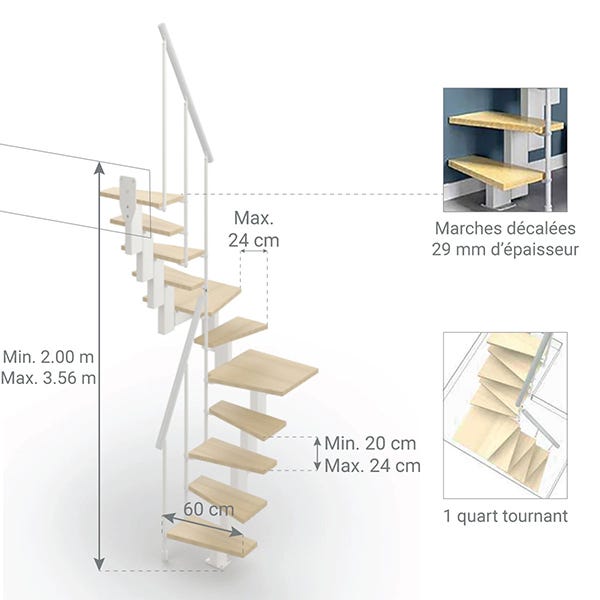 Escalier 2 quart tournant gain de place 9 marches - Hauteur à franchir de 2.00 à 2.36m - Largeur 60cm - Couleur bois et blanc - SMALL60/U/SBNAT-9 1