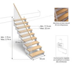 Escalier droit 10 marches - Hauteur à franchir de 1.93m à 2.42m - Largeur 95cm - Couleur bois et blanc - Rampe horizontale - COMPO95/I/BB-RH-10 2