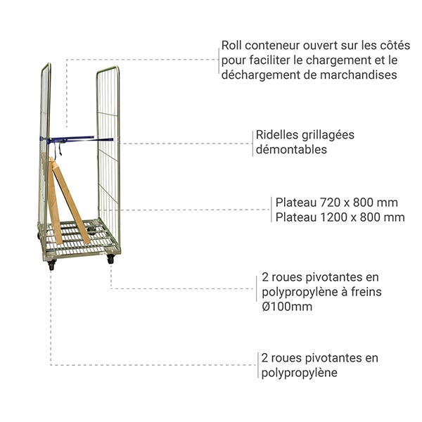 Roll conteneur 500kg - 2 cotés- Dimensions 1200x800x1800mm - 885006619 2