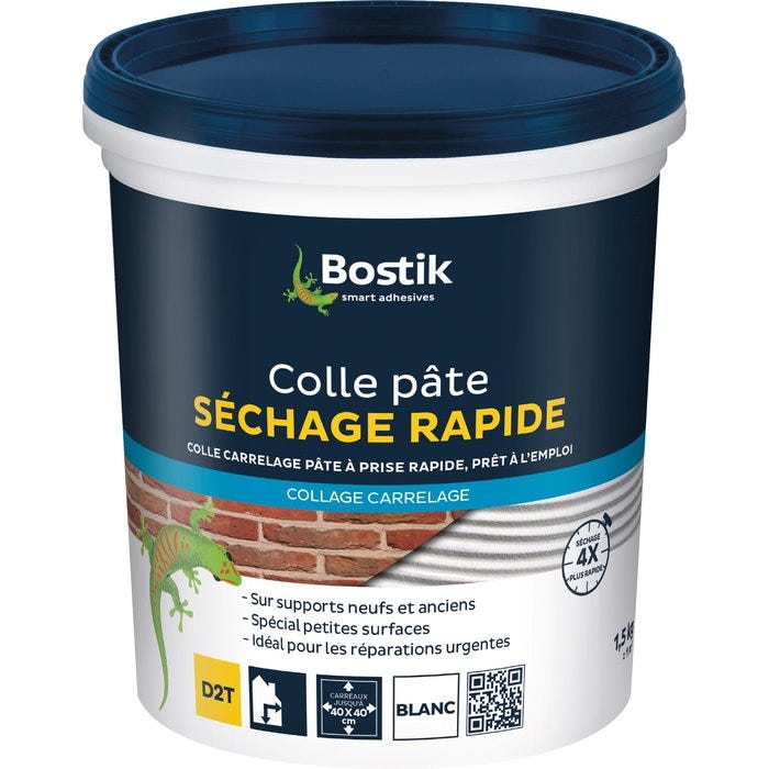 Colle pâte carrelage - 1,5 kg - Sol et mur - Intérieur - Sechage rapide D2T - Prêt à l'emploi - Bostik 0