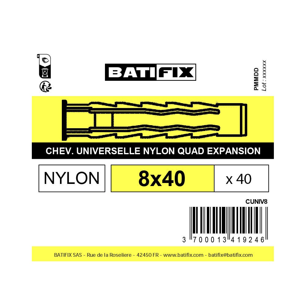 Boite 40 chevilles multimatériaux 8 x40mm nylon - Batifix 1