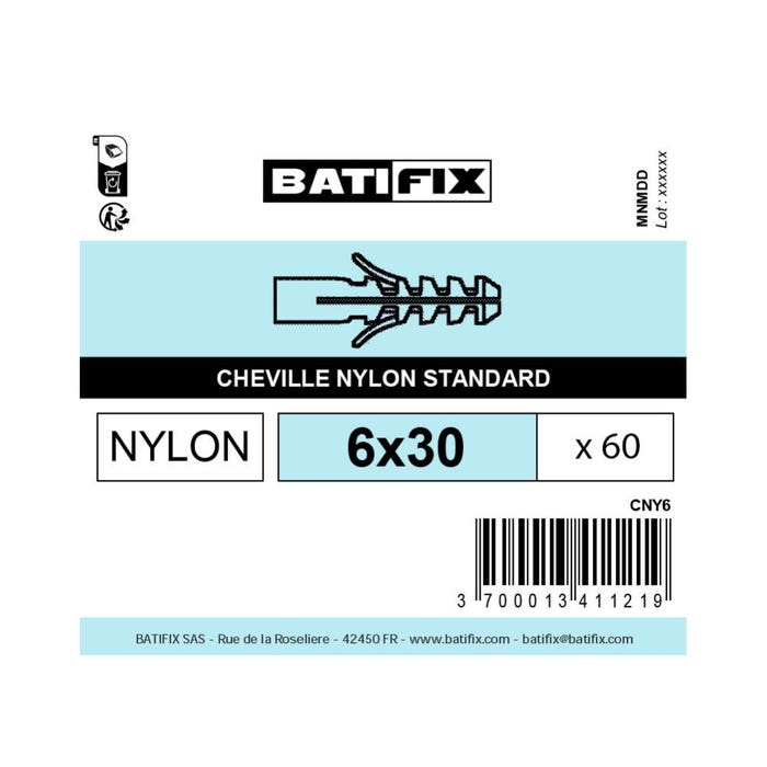 Boite 60 chevilles matériaux pleins 6 x 30mm nylon - Batifix 1