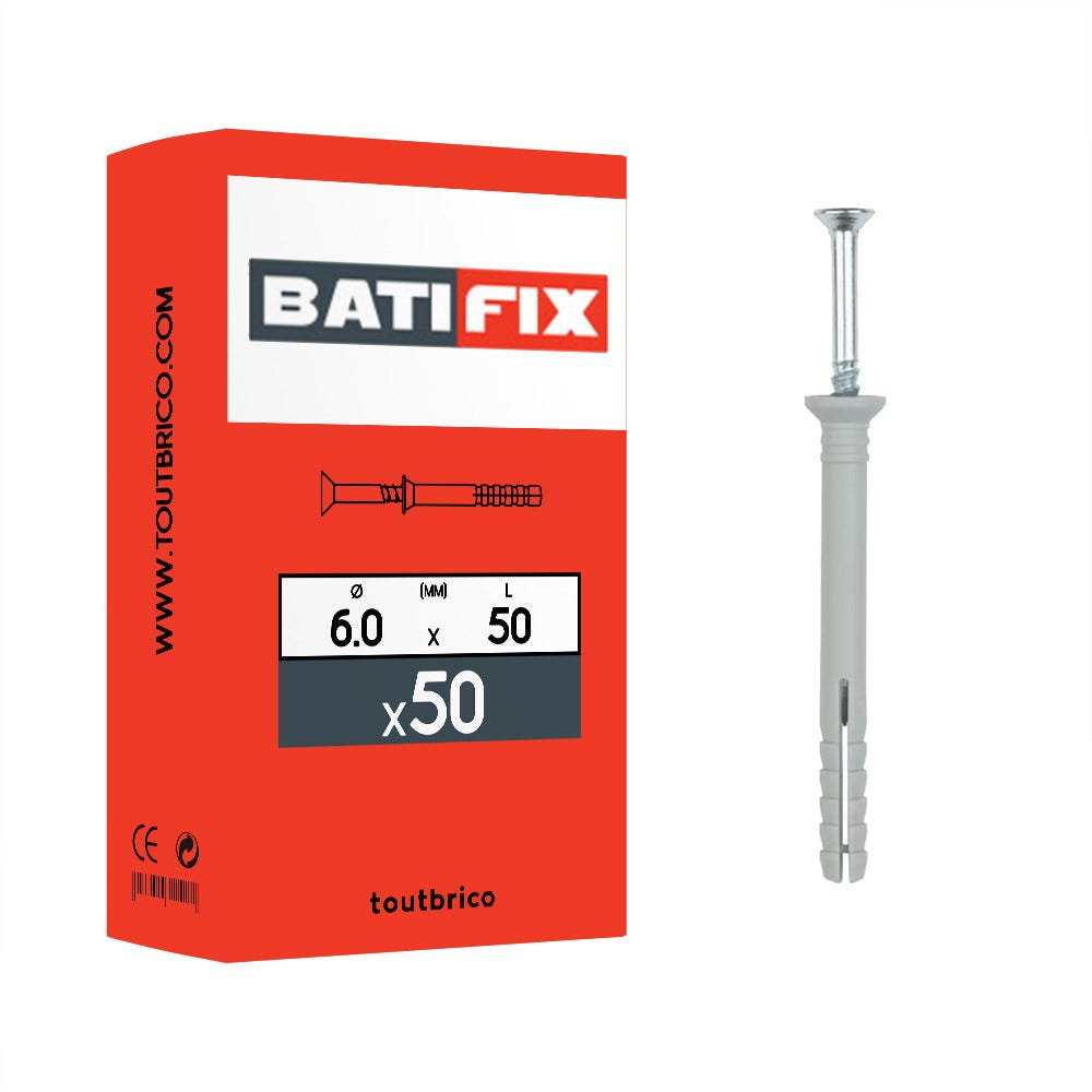 Boite 50 chevilles à frapper 6 x 50mm nylon - Batifix 0