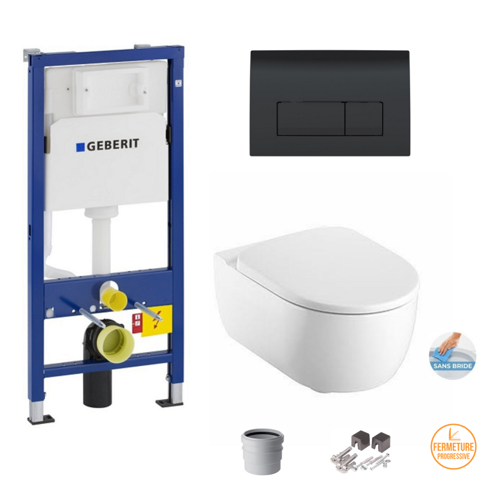 Pack Wc Bâti-support GEBERIT + plaque delta 51 noir +cuvette wc MODO PURE OVALE kolo by GEBERIT Sans Bride Fixations Cachées <br>