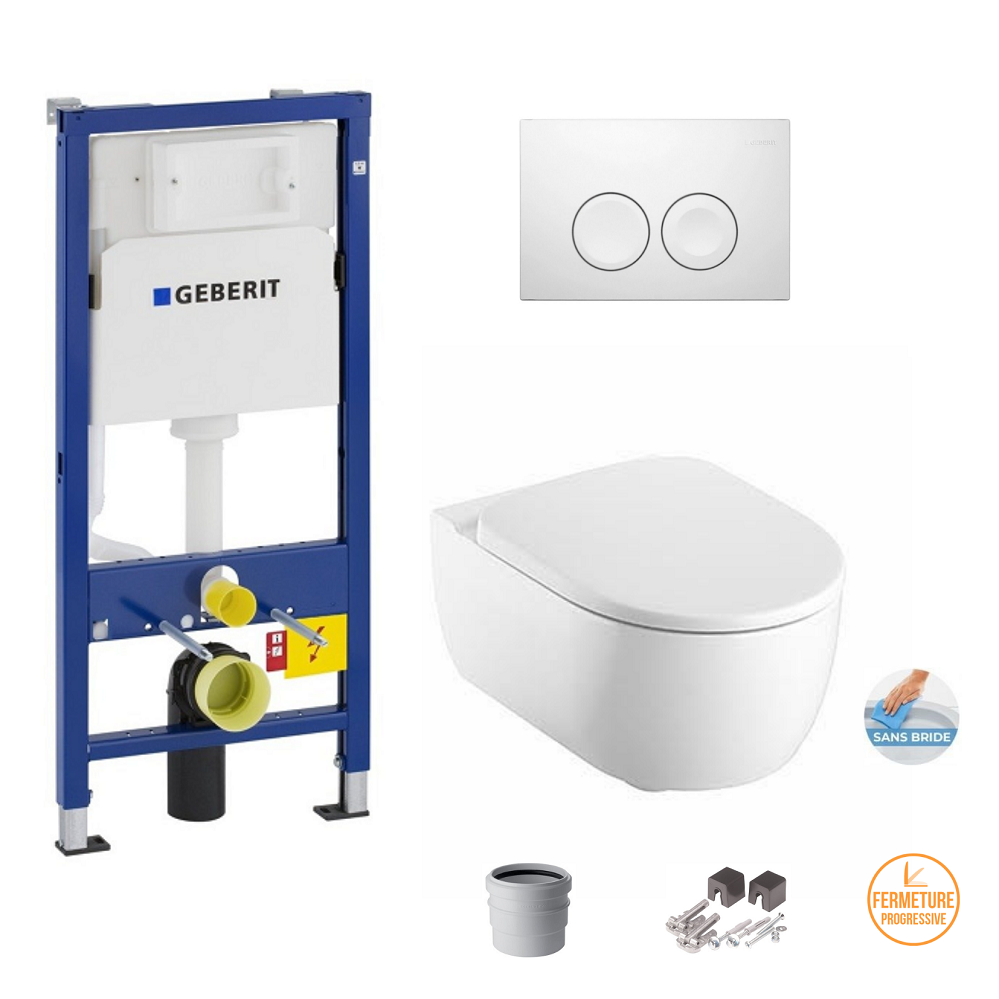 Pack Wc Bâti-support GEBERIT +plaque delta 21 blanche +cuvette wc MODO PURE OVALE kolo by GEBERIT Sans Bride Fixations Cachées <br>